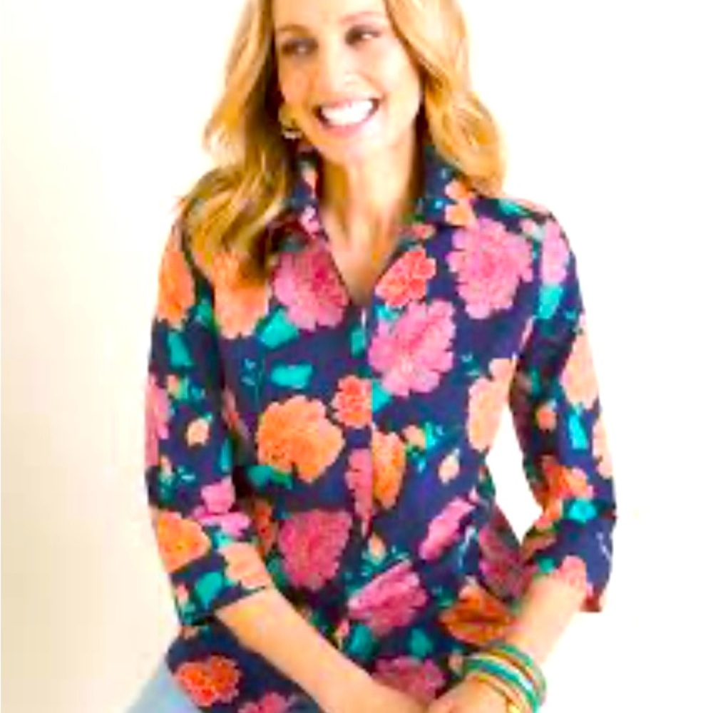 Chico’s No-iron Stain Shield Navy Floral Button Up Blouse Sz 3